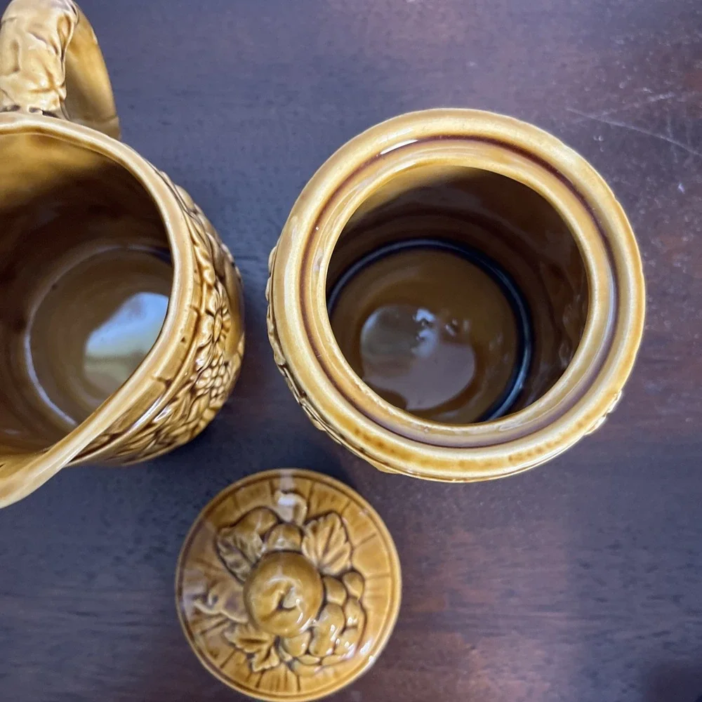 Vtg‎ Japan Ceramic Cream & Sugar Set Brown Barrell Harvest MCM Cottage Farmhouse